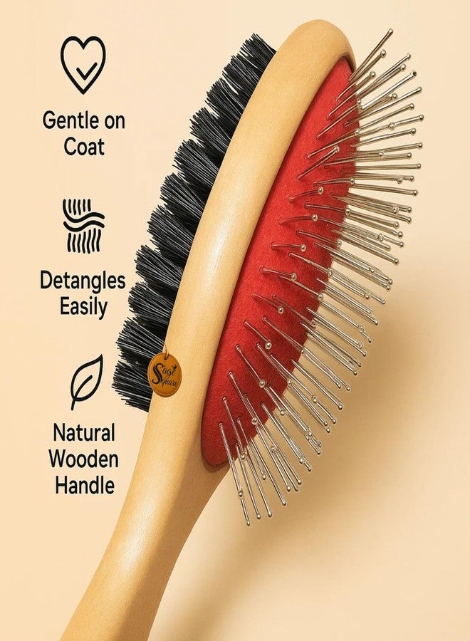 Sage Square Wooden Double Sided Pet Brush Comb | One Side with Soft Bristles, Other with Steel Pins Combo with Palm-Size Fine Pin Flea Comb | Grooming Kit for Dogs & Cats | Detangles, Removes Fleas - Image 3